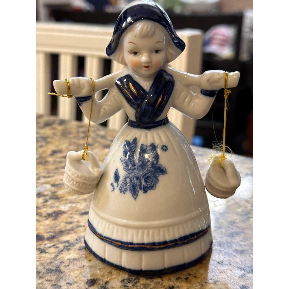 Vintage Dutch Girl Porcelain Figurine Blue White Gold Trim Water Carrier 4.5"